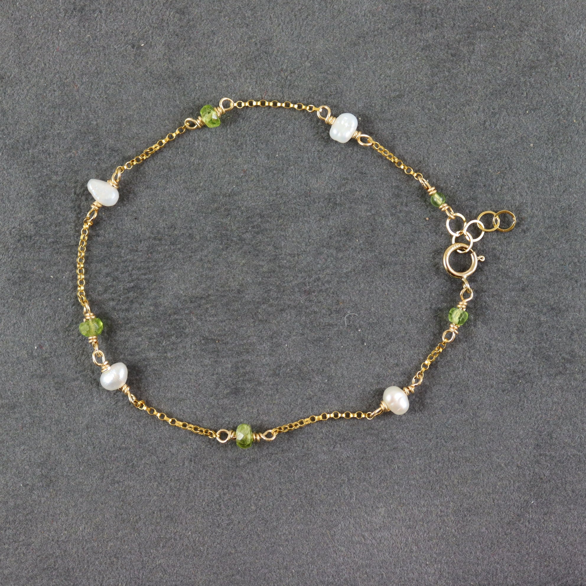 Peridot and pearl bracelet with 14k gold filled factory components